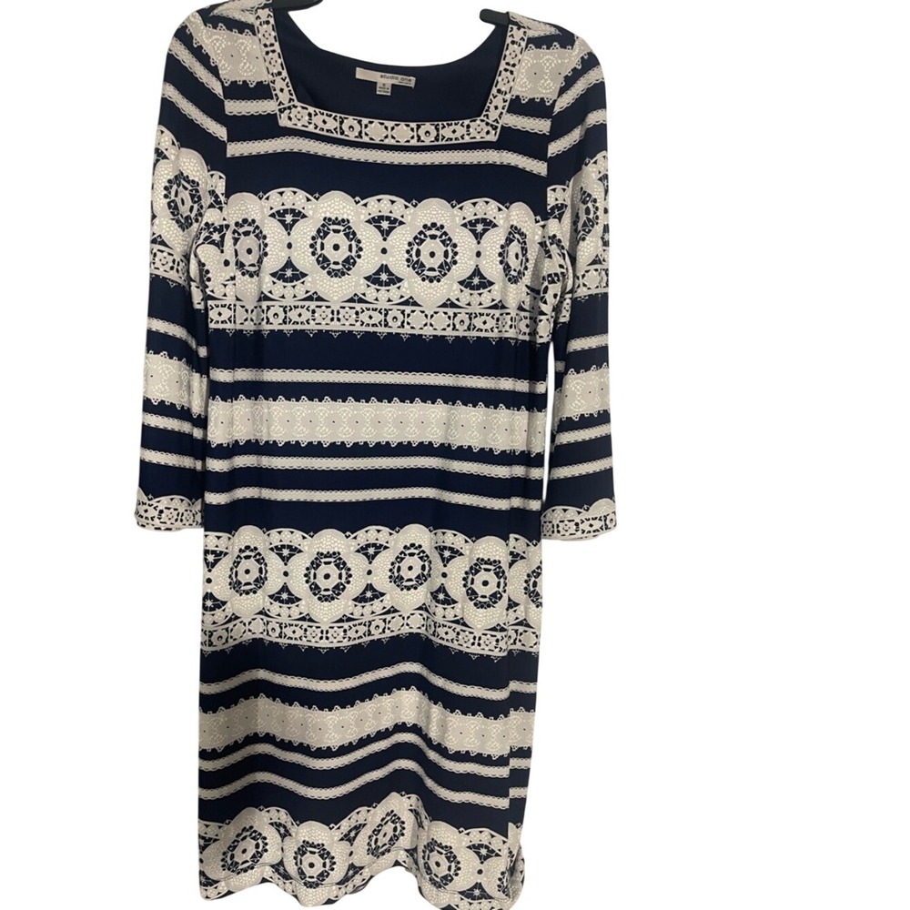 Studio One Navy and White Long Sleeve Patterned Sheath Dress
